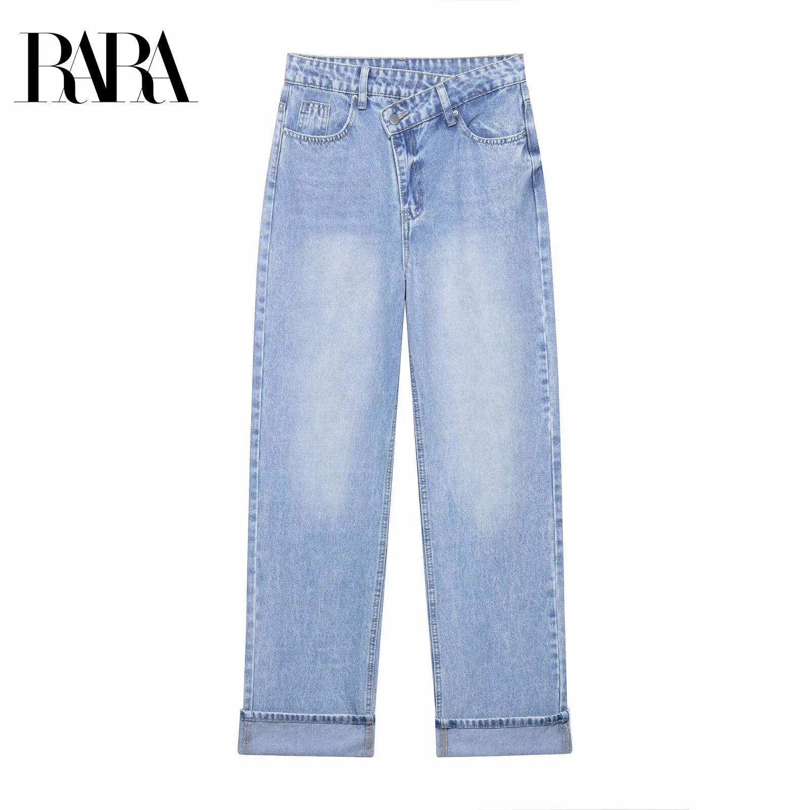 

RARA Women's New Double Placket Waist Casual Loose Straight Long Jeans Simple Versatile