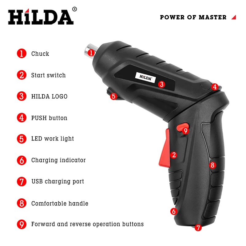 HILDA Power Tools 3.6V Handheld Electric Screwdriver Portable Cordless Electric Drill USB Rechargeable