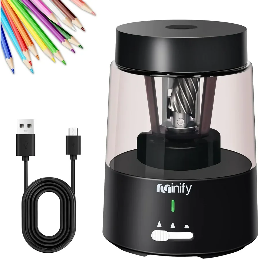 

Electric pencil sharpener with heavy duty blade and rechargeable battery for 68mm colored pencils autostop function for fast sh