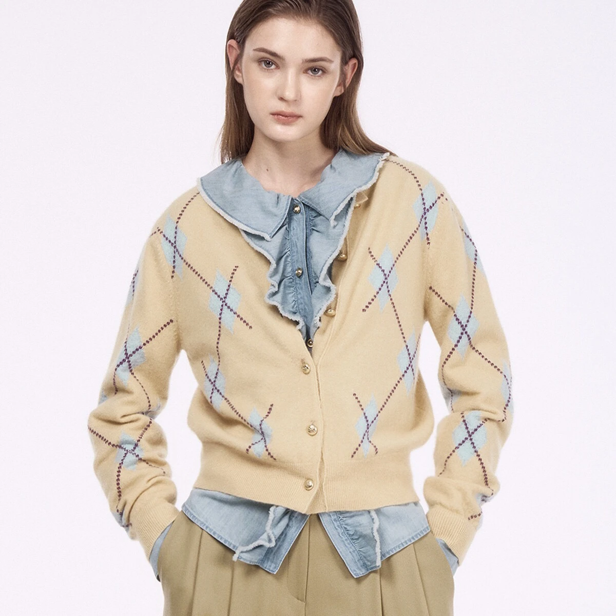 Nueva llegada de primavera, suéter tejido de lana de estilo coreano, cárdigan abierto con patrón de diamantes, ceco inform...