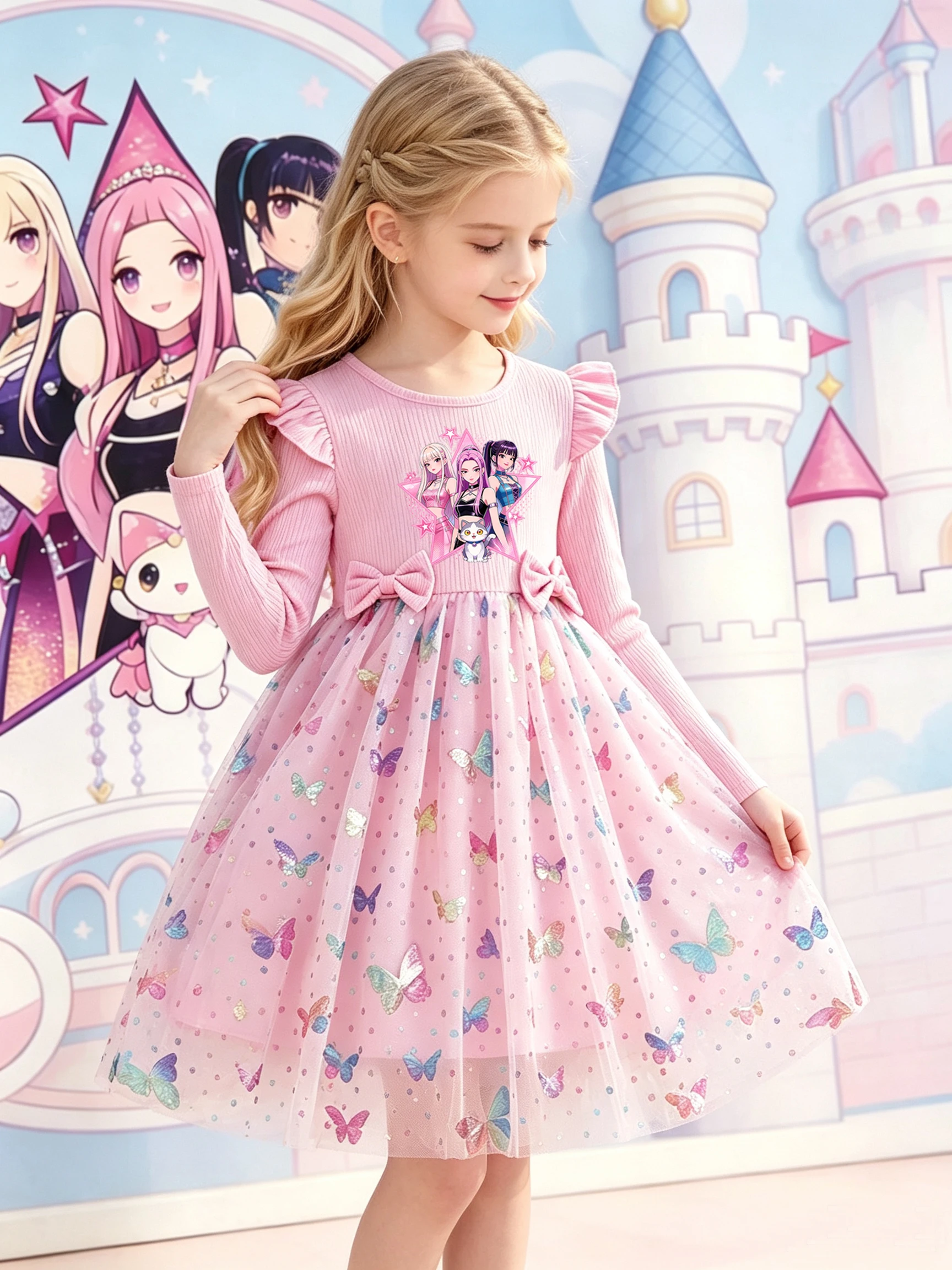 Girls' Long‑Sleeve Tulle Dress, Cartoon Print, Bow Decoration, Sequin Butterfly Tulle Skirt, Princess‑Style Autumn Outfit for Li