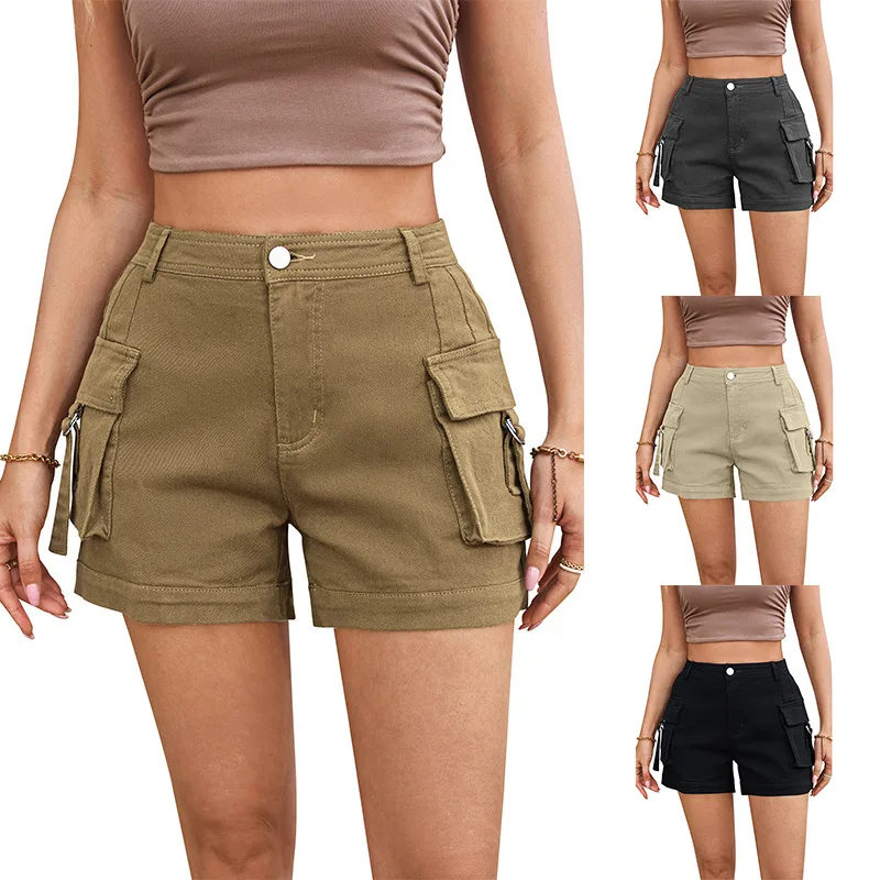 여성용 하이 웨이스트 패셔너블한 맞춤형 스트레치 캐주얼 데님 작업복 포켓 반바지