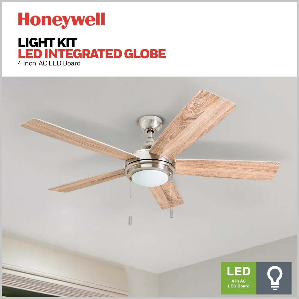 Honeywell-ventilador de techo con luz integrada, luz LED de níquel cepillado moderno de 52 pulgadas, Ventnor