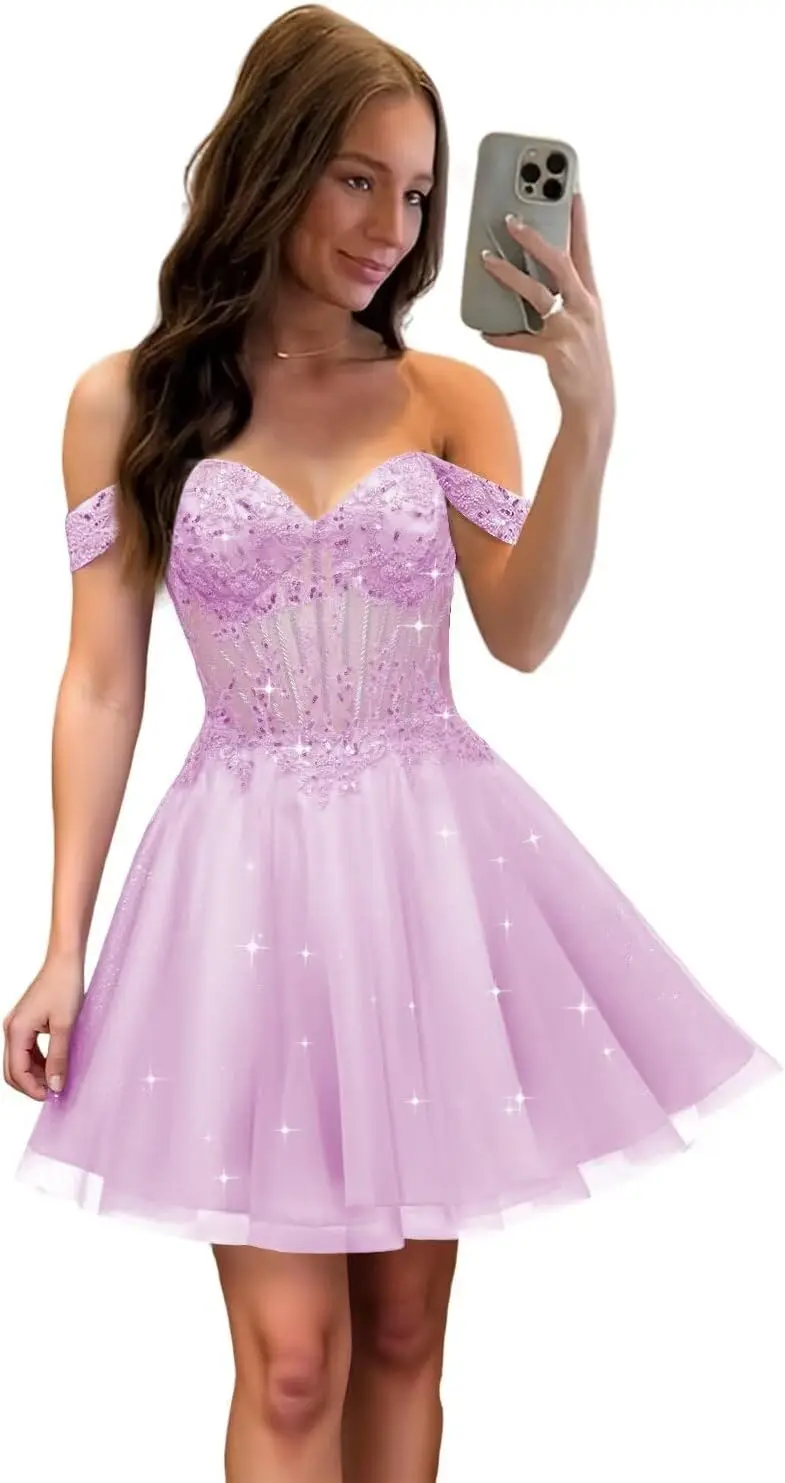 Abiti corti da ritorno a casa con spalle scoperte per adolescenti Abiti da cocktail in tulle con perline scintillanti 2025 RS210 sopra il ginocchio, mini