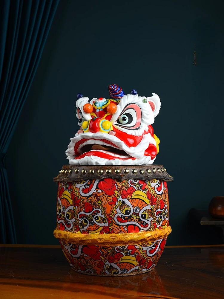 Creative China-Chic Cultural Creativity Opening Gift Lion Dance Dance Drum Ceramic Crafts Desktop Decoration Ornaments