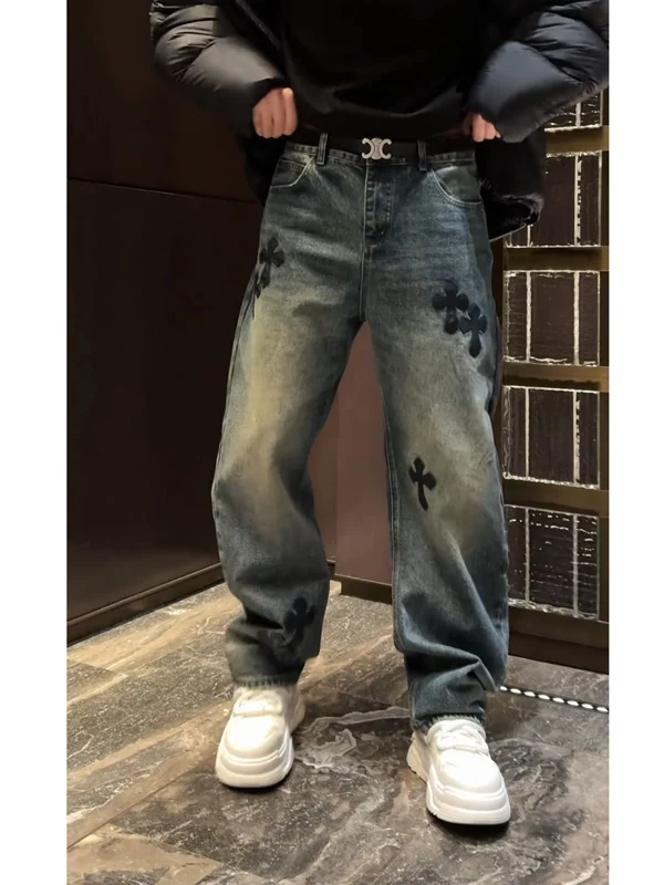 

Мужские джинсы с вышивкой Ele Cross, широкие, свободные, прямые, стройнящие, длинные брюки, модные, городские, для повседневной носки