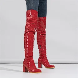 Botas de couro de alta patente para coxa para mulheres, preto, vermelho, acima do joelho, dedo do pé redondo, zíperes, salto quadrado feminino, sapatos longos de festa, sexy