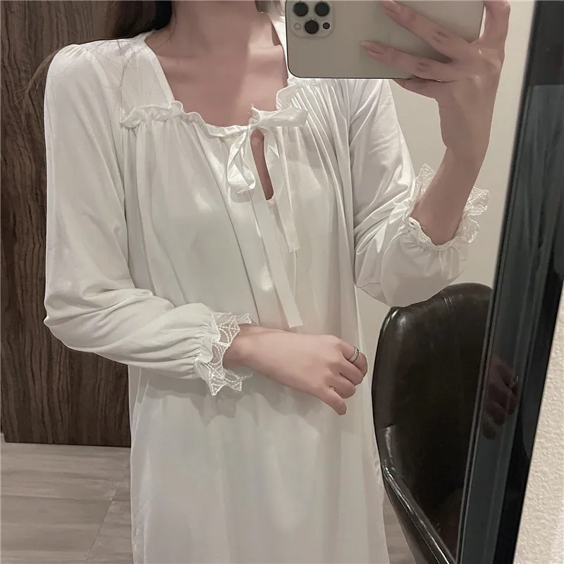 Fdfklak New Ins Palace Women\'s Sleep Dress Spring Autumn Long-Sleeve Nightgowns Princess Nightdress Comfortable Home Clothes