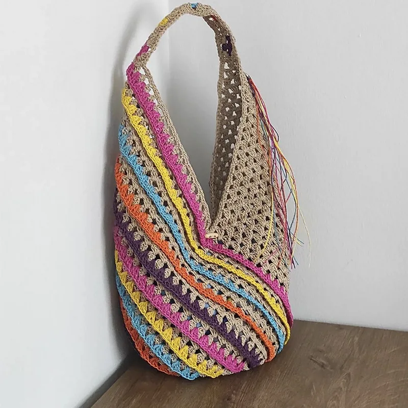 2024 Summer Bohemian Color Striped Straw Bag Hollow Woven Bags for Women Rattan Shoulder Bag Large Hobo Beach Shopper Purses