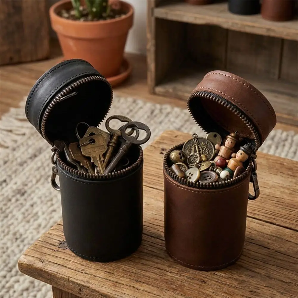 PU Leather Coin Storage Bank Handmade Cylindrical Car Interior Piggy Bank with Clip Portable Money Clip for Home Travel