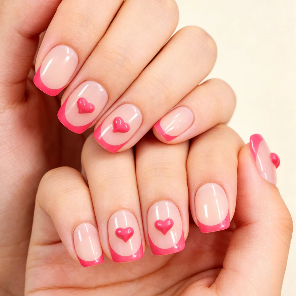24Pcs Short Square Pink Love Heart Fake Nails Full Cover Ballet French Tips False Nail for women Wearable Press on Nails