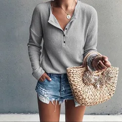 2023 Spring and Autumn New T-shirt Elegant Women's Button Long Sleeve V-Neck Lace Causal Loose Knit Sweater Ladies Pullover