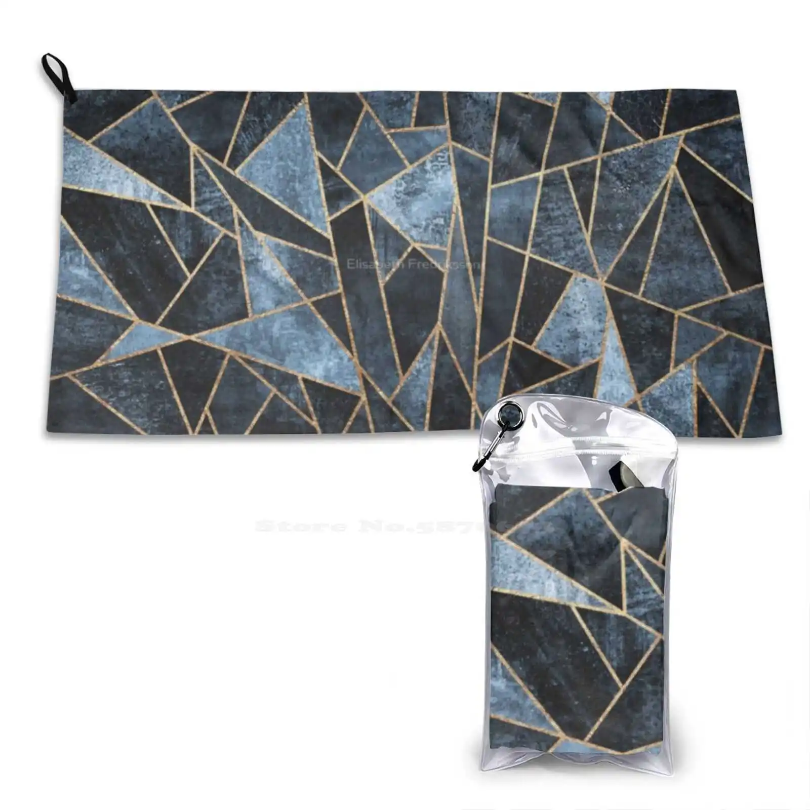 Shattered Soft Dark Blue Sport Towels Outdoor Hiking Cycling Swimming Graphic Pattern Abstract Gold Blue Modern Lines Mosaic