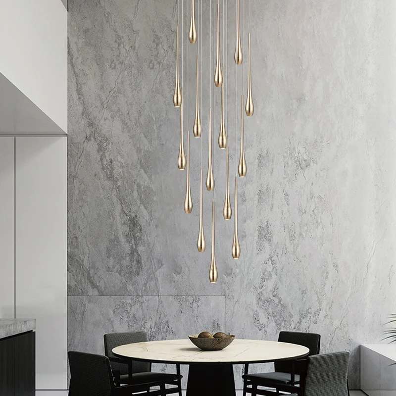 Lampadario lungo in oro proiettore minimalista LED Duplex Villa illuminazione soggiorno sala da pranzo luce lampadario scala rotante