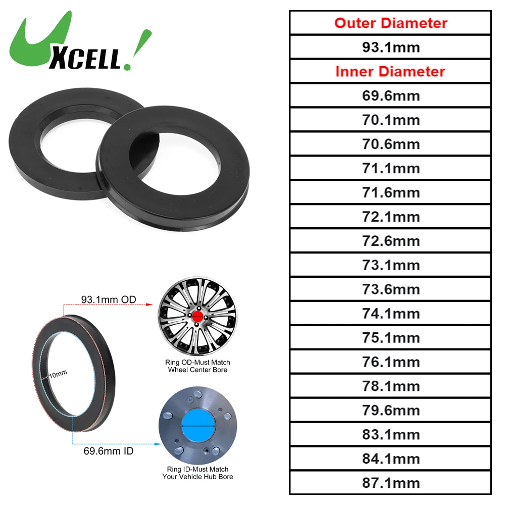 

UXCELL 4 Pcs OD 93.1mm to ID 69.6-87.1mm Car Wheel Hub Centric Rings Black Wheels Center Shaft Shock Absorbing Hubrings