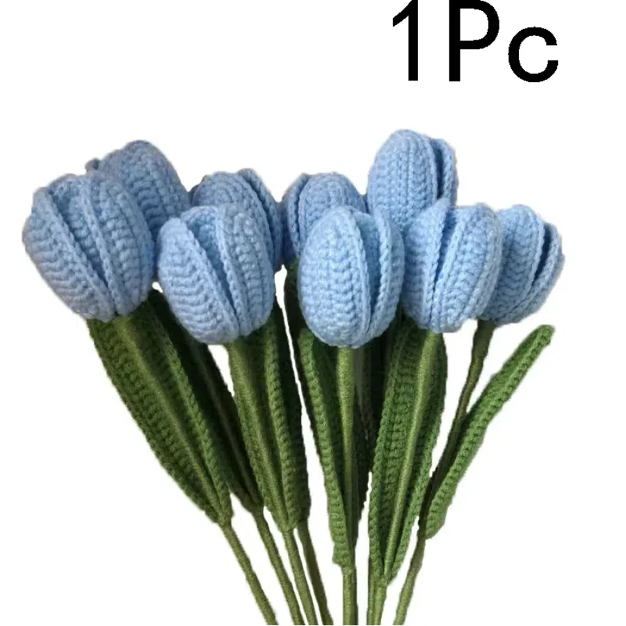 1PC Crochet Tulips Flower Hand-knitted Artificial Flower Bouquet Fake Flower for Home Vase Decoration Christmas New Year Gifts