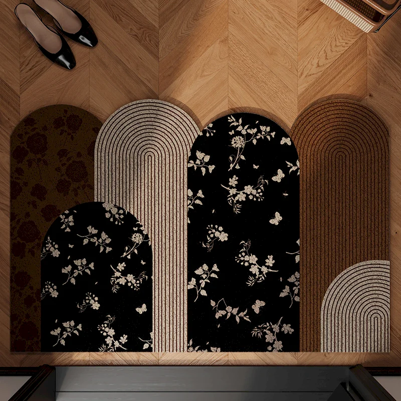 VIKAMA Retro Bamboo Leaf Pattern Arched Door Mat Dustproof and Anti slip Flower Carpet Entrance Indoor Hall Home Decoration