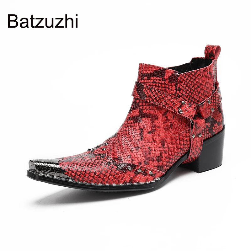 ¡Batzuzhi botas rojas de vaquero para hombre, botines de cuero con punta de Metal, botas cortas de moda sin cordones para hombre, tacones de 6,5 cm!