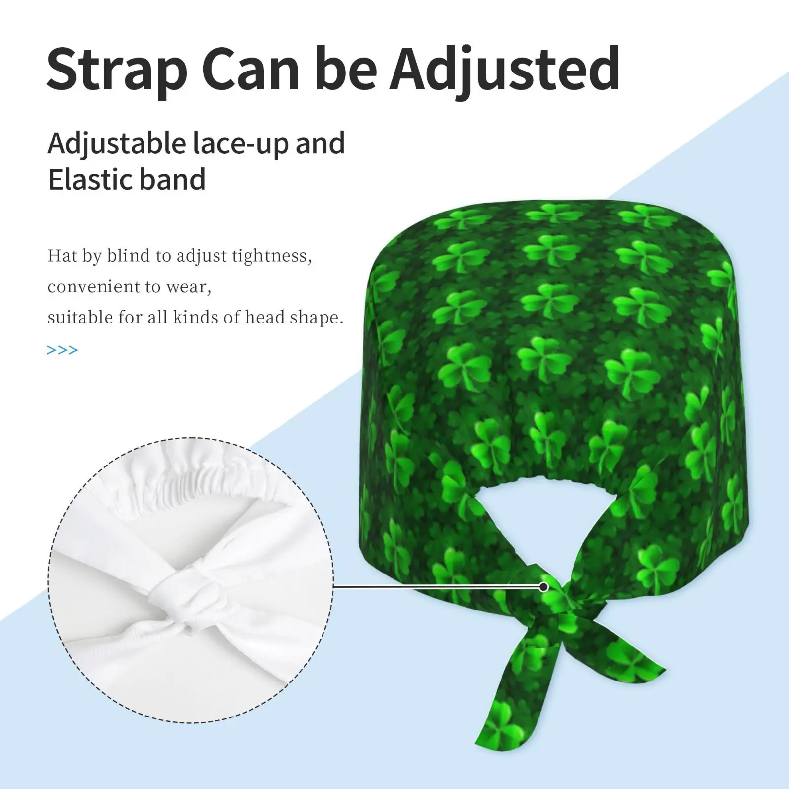 St. Patrick's Day Green Clover Leaves Working Cap Scrub Cap with Sweatband Adjustable Unisex Women Tie Back Hat Nurse