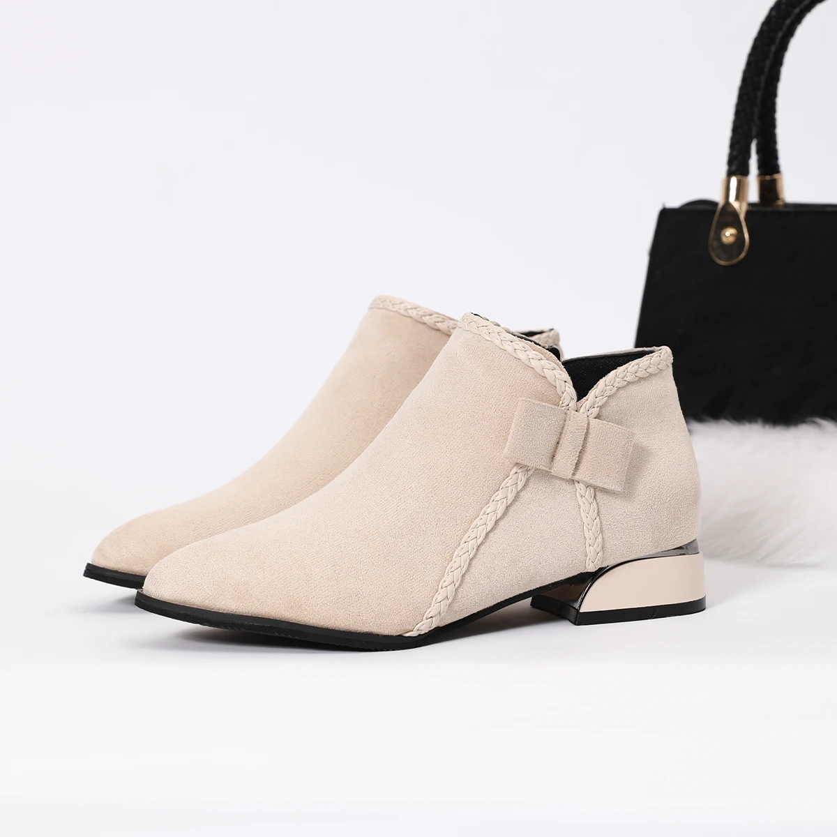 Fashion Short Boots Women Buckle Decoration Shoes Thick Heel Pointed Winter Warm Ankle Boot Casual Elegant Suede Boot Size 43