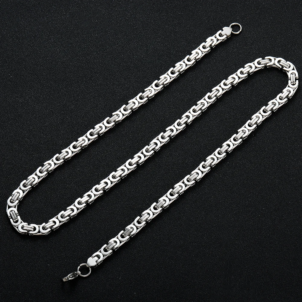 New Arrival Width 6MM 316L Titanium Steel Flat Imperial Chain Necklace Bracelet Fashion Hip Hop Men\'s Jewelry Set Boyfriend Gift