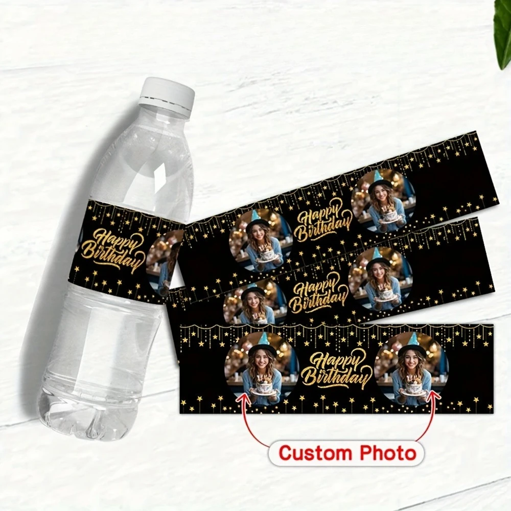 

Custom Photo Water Bottle Stickers 30/60/120pcs Happy Birthday Personalized Labels Party Decor Bottle Stickers