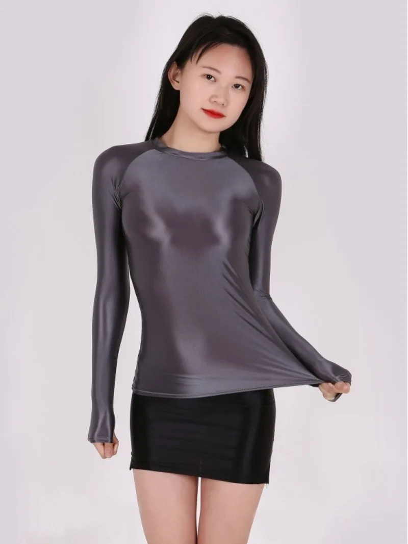 thin shiny bodice slim fit long sleeve T-shirt sexy transparent breathable comfortable sports Euro-American fashion bodysuits 3F