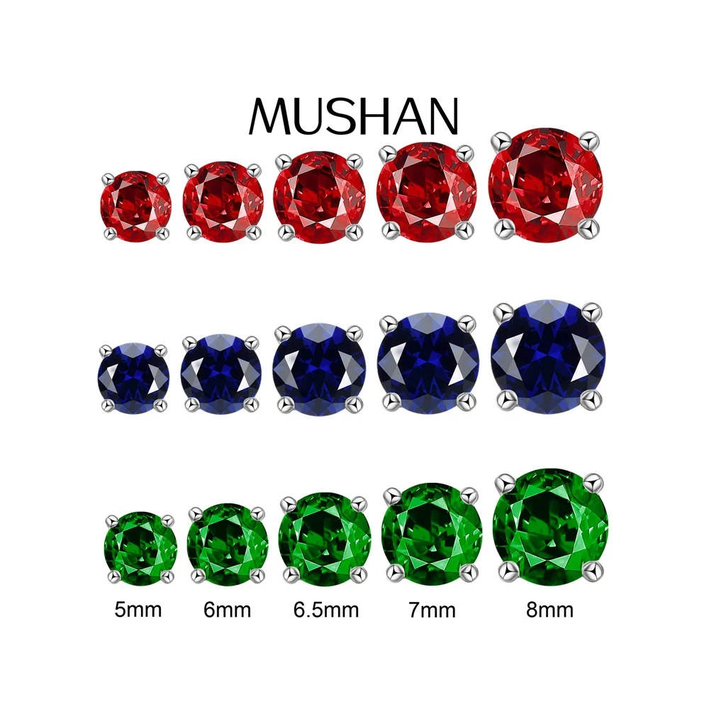 

MUSHAN Brand Jewelry 5mm 8mm Colored Diamond Stud Earrings 925 Sterling Silver Red Blue And Green Zirconia