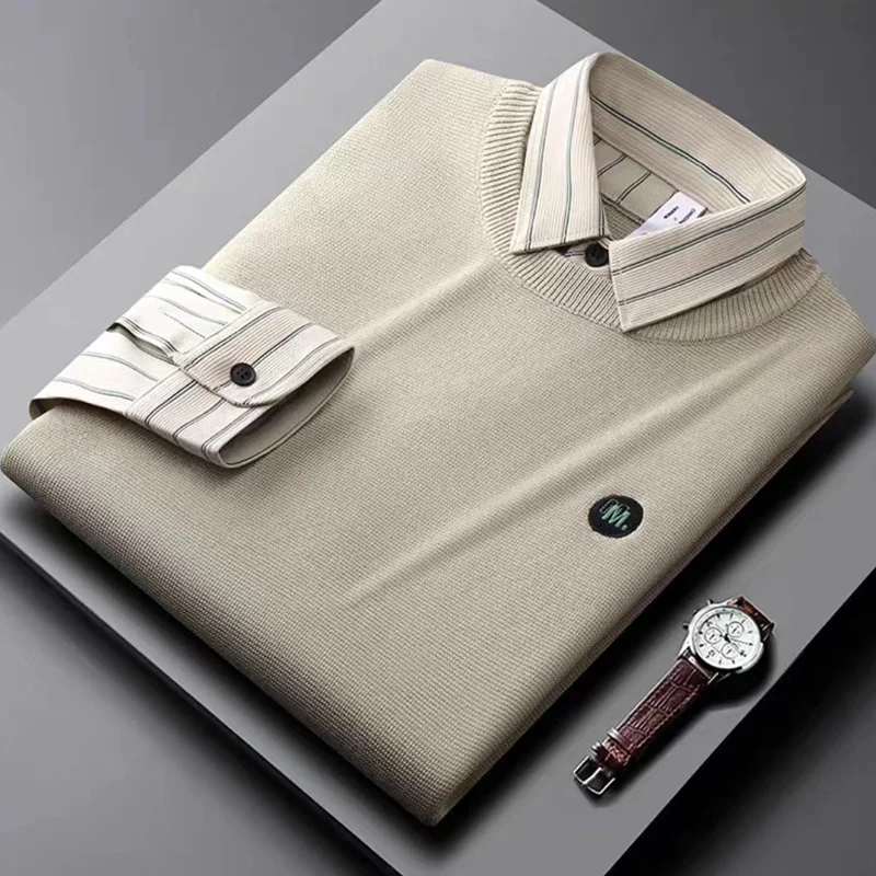 

trend Luxury high-end stripe fake two-piece sweater men's slim embroidery autumn and winter warm shirt collar knitted pullover