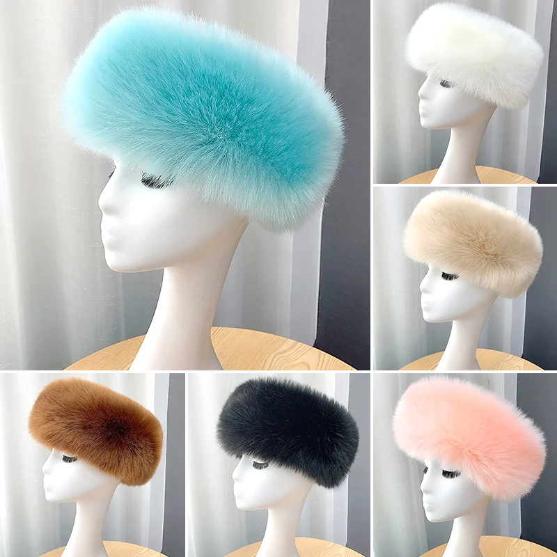 Plush Fur Hairband Winter Thick Fluffy Headband for Women Men Russian Furry Earmuffs Elastic Turban Wide Headwear Ski Hats