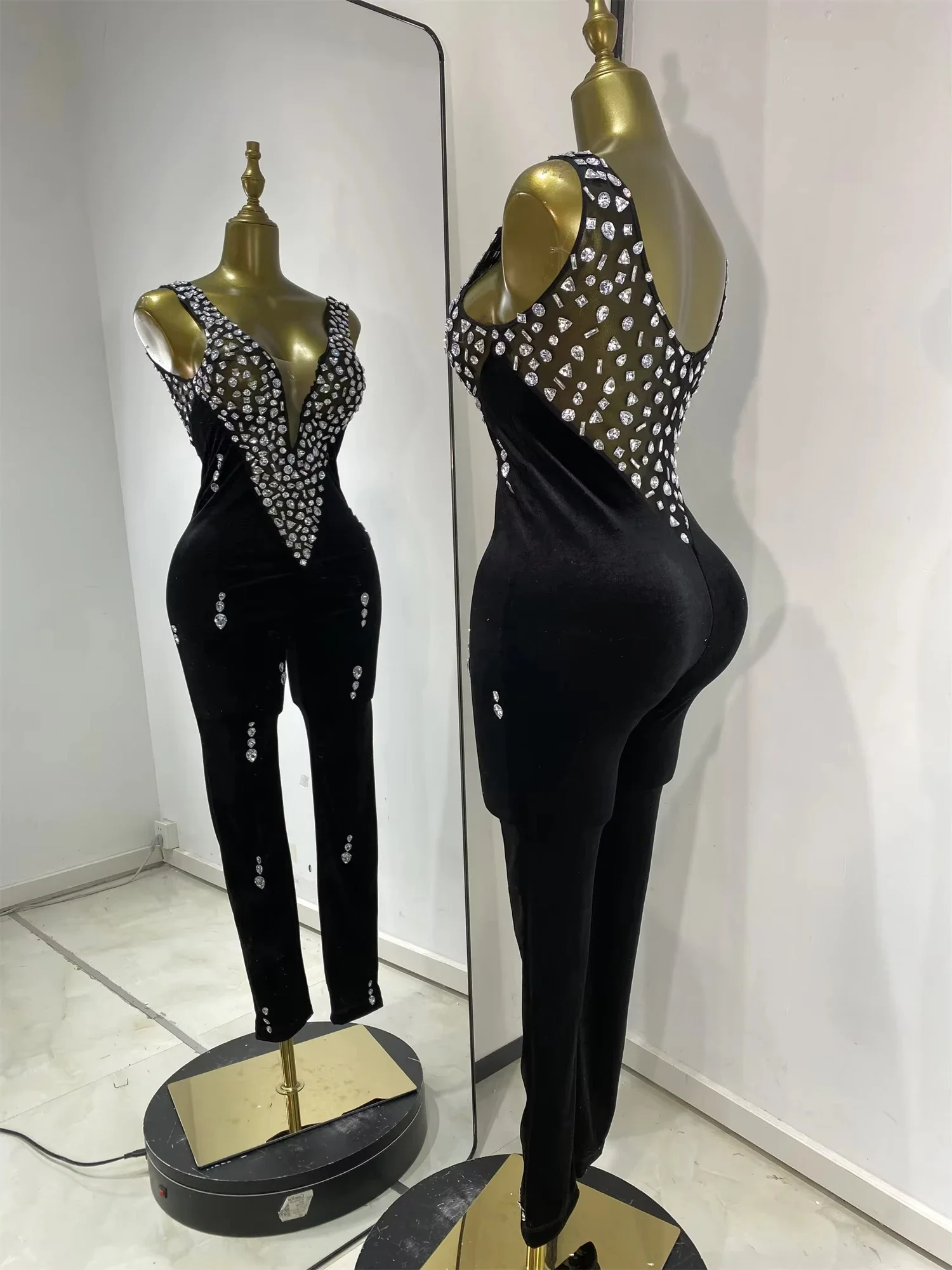 Sexy Luxury Black Velvet Rhinestone Jumpsuit Elegant Mesh V Neck Bodycon Gown For Prom Evening Party Club Birthday Night Outfit