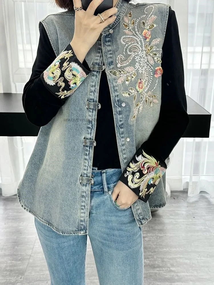 

Autumn New Chinese Style Improve Fashion Waistcoat Sleeveless Cardigan Tang Suit Tops Women Loose Embroidery Daily Denim Vest