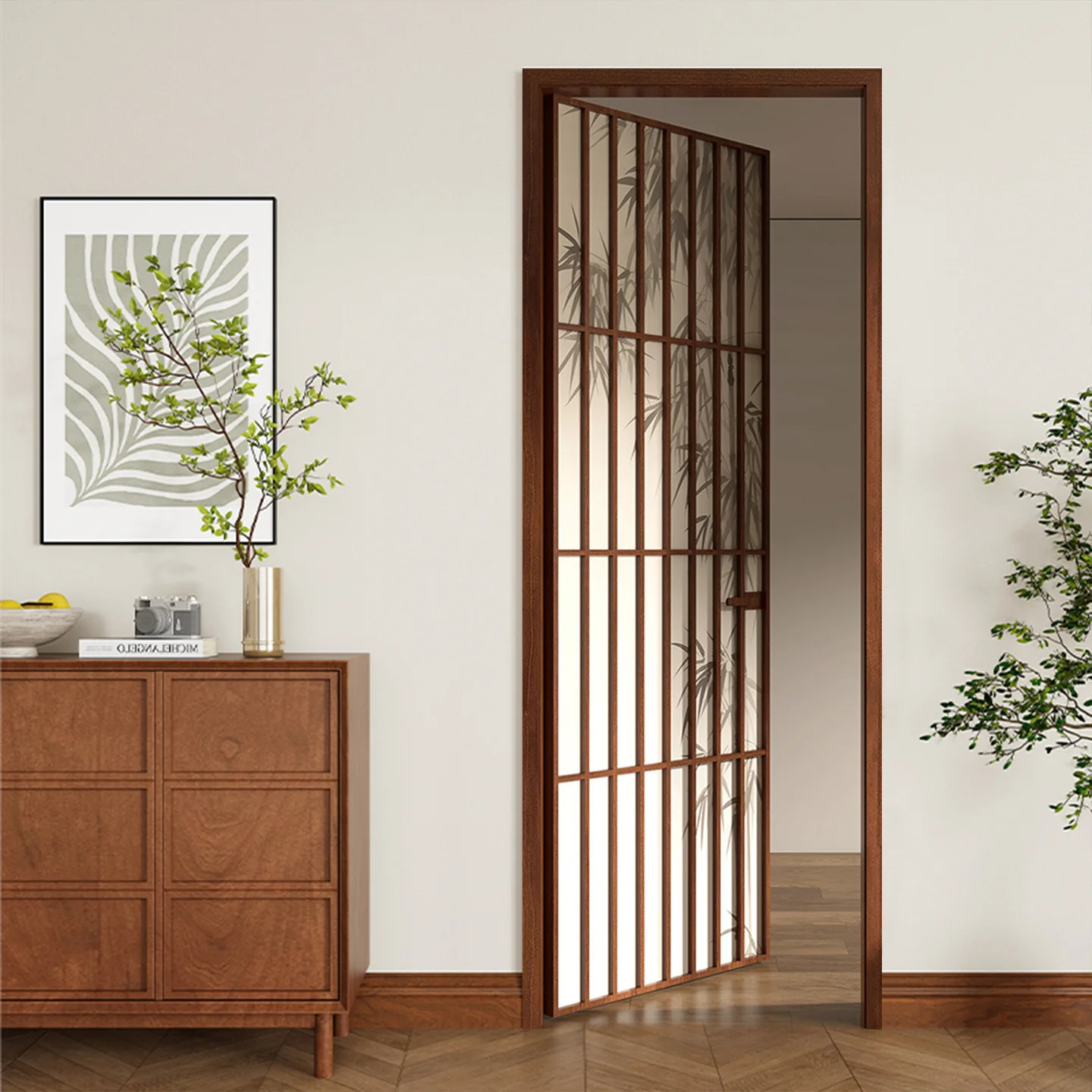 Aluminum door new Chinese style wind bamboo shadow into the painting to create a poetic space built-in tempered glass