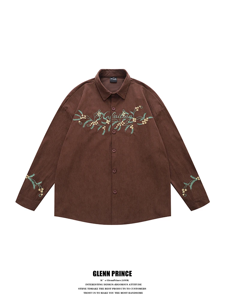 

Vintage Floral Embroidered Corduroy Long Sleeve Shirt Men's Autumn Vintage Shirt Jacket Loose Fit Youth Fashion Polyester