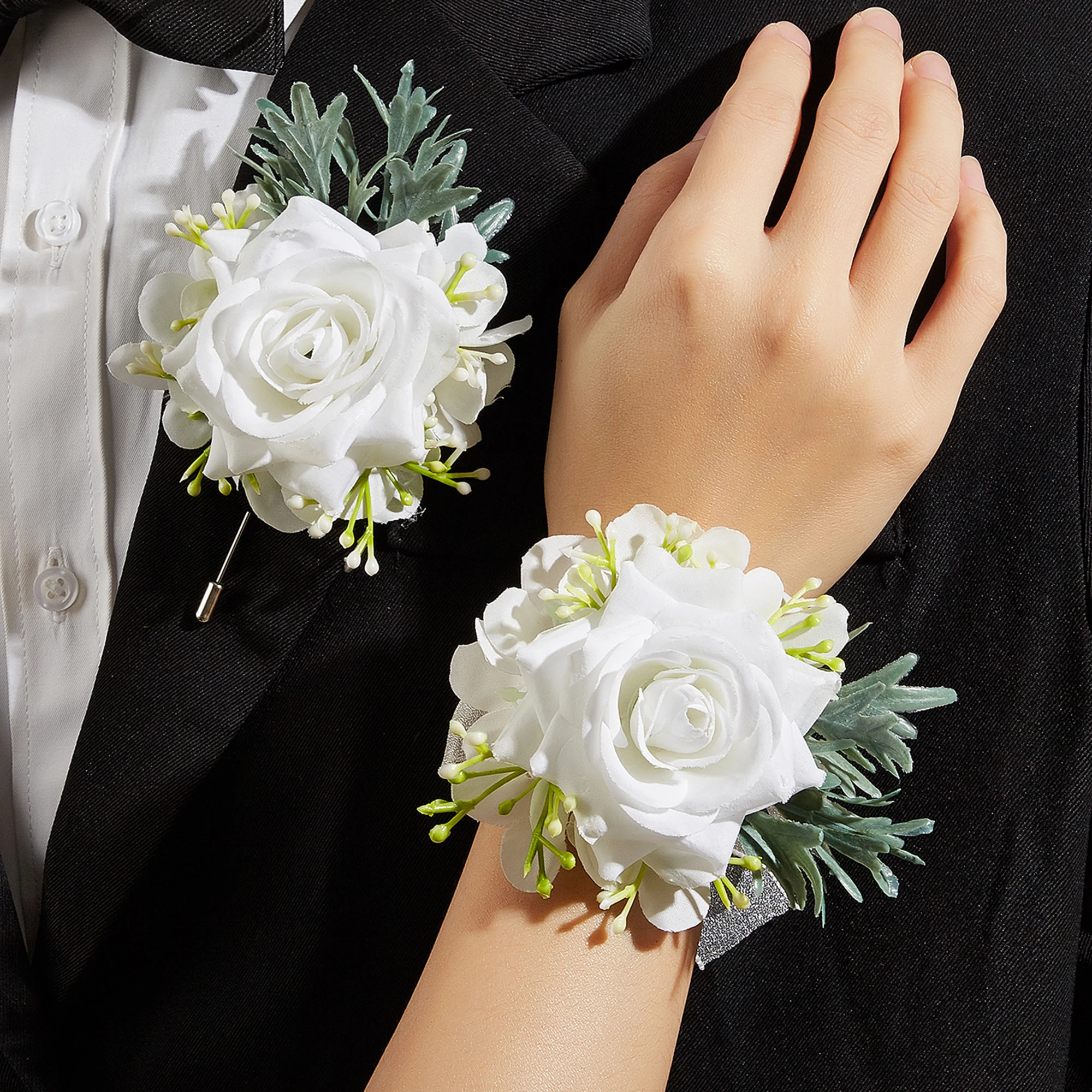 

White Wrist Corsage and Boutonniere Flower On Wrist for Bride Bridesmaid Wedding Boutonniere for Men Groom Groomsman Prom Party