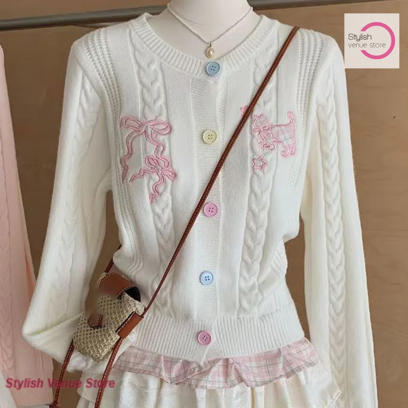 Korean Blue Bow embroidery Fake Two-Piece Long-Sleeved Knit Cardigan Sweater Women's Autumn and Winter New Fashion Coat Outside