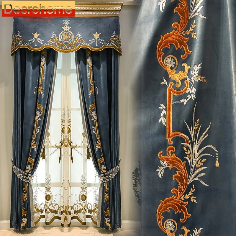 European Style Villa Embroidered Curtains Velvet Embroidered Cloth Curtains for Living Dining Room Bedroom Luxury Custom Size