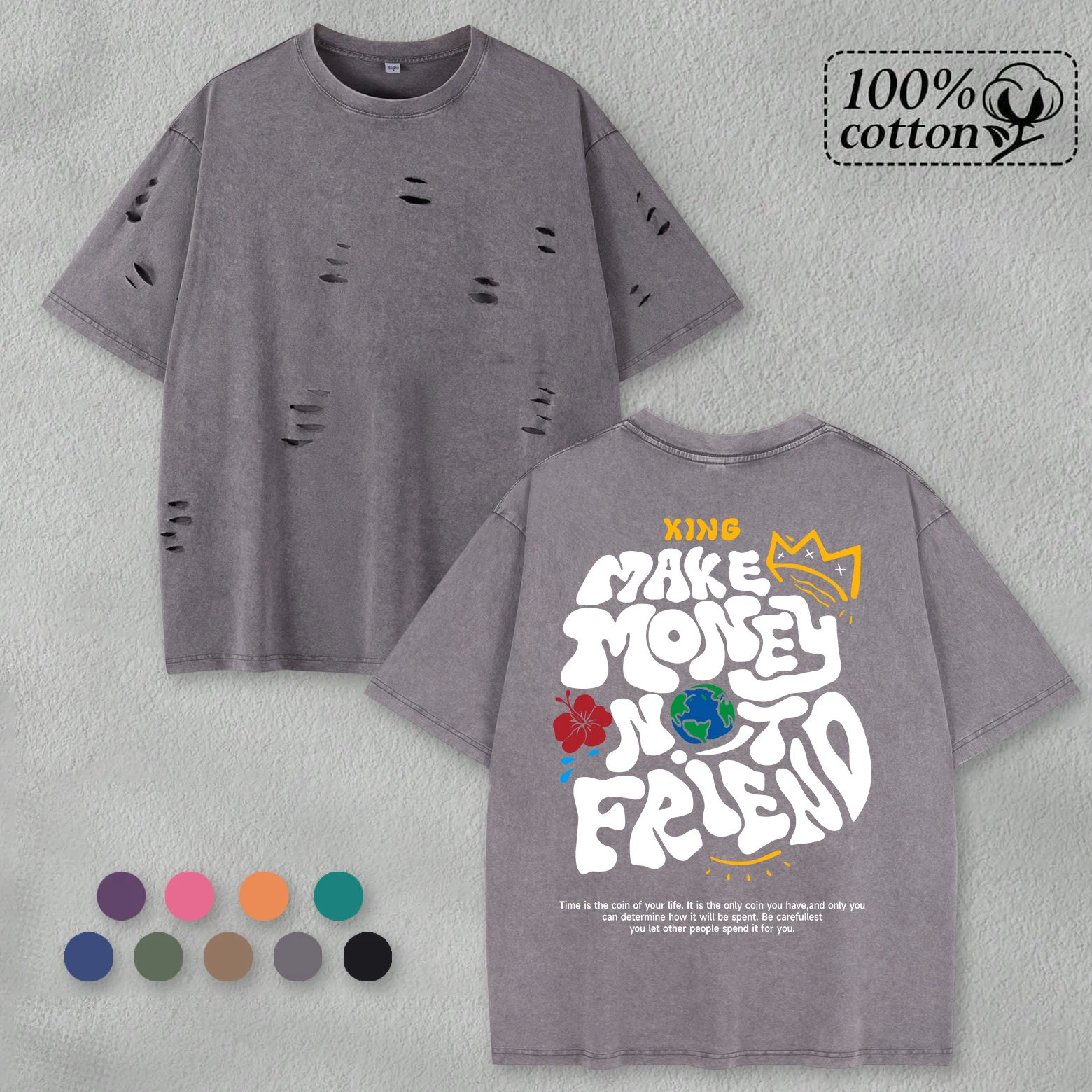 

Make Money Not Friend Washed Men Holes T-Shirt Summer Comfortable Tee Soft Snow Wash Short Sleeve Unisex O-Neck Cotton Tops
