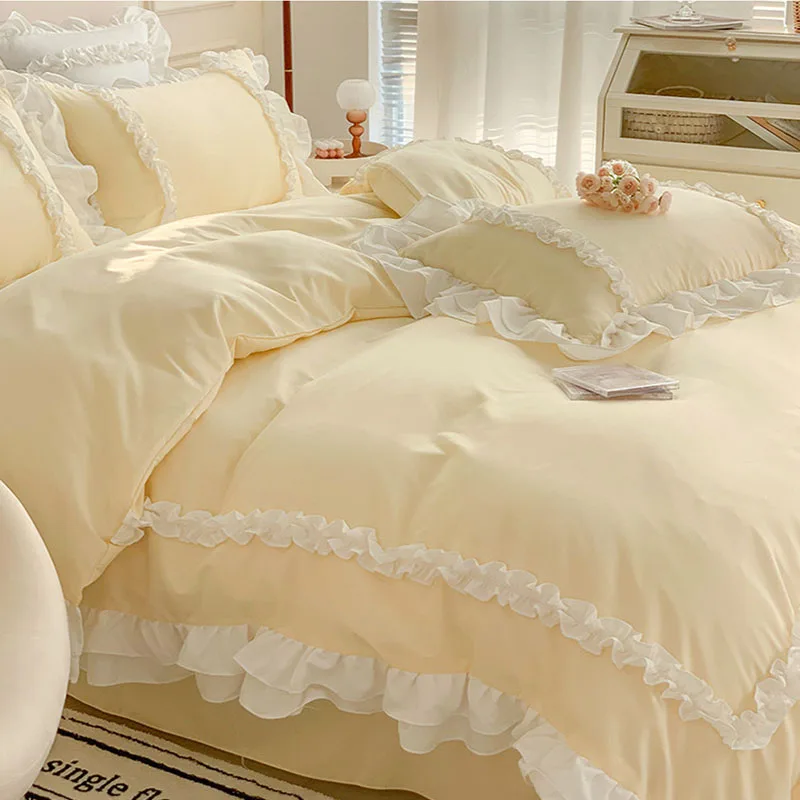200X230Cm Korean Princess Lolita Bed 4-Piece Set Solid Washed Cotton Breathable Bed Sheet Duvet Cover Bedding Set with Lace