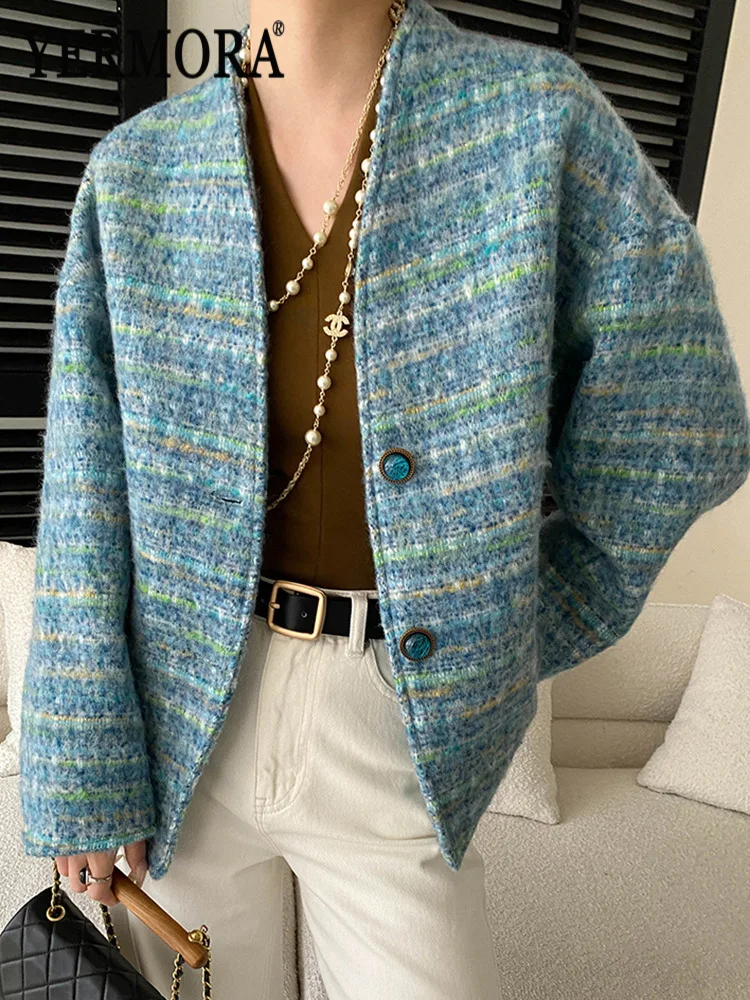 

YERMORA Blue Buckle Wool Tweed Casual Jacket For Women V-Neck Long Sleeve Loose New Coat Fashion Tide Spring Autumn 2026