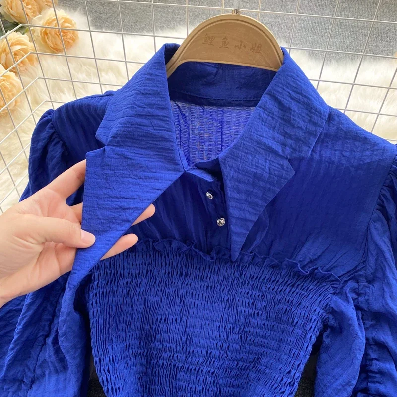 Vintage Lantern Long Sleeve Lapel Pleated Blouse Slim Elegant Korean Fashion Top Sexy Autumn Women Shirt