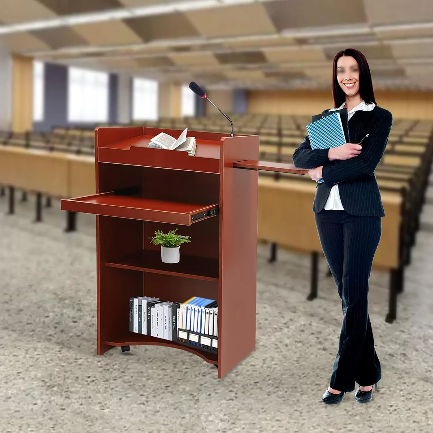 Bureau de présentation mobile debout pour ordinateur portable, podium roulant portable, Lecteurs en bois, Non rouge, École, Bureau, Chambres d'irritation