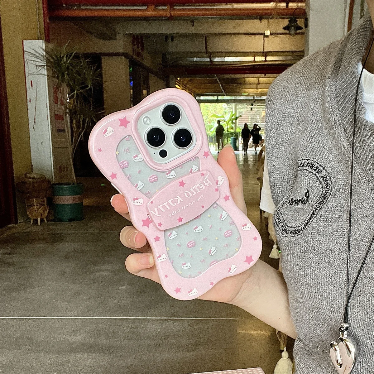 

Fashion Cute Pink Bowknot Hello kitty Stand Phone Case For iPhone 16 Pro 14 13 15 Pro Max 14Pro Cover Shockproof Cartoon Cases
