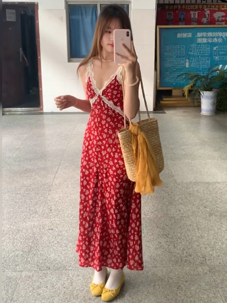 Abito Lungo Estivo da Donna con Stampa Floreale in Pizzo Rosso Retrò, Stile Giapponese Dolce con Vita Alta e Cintura