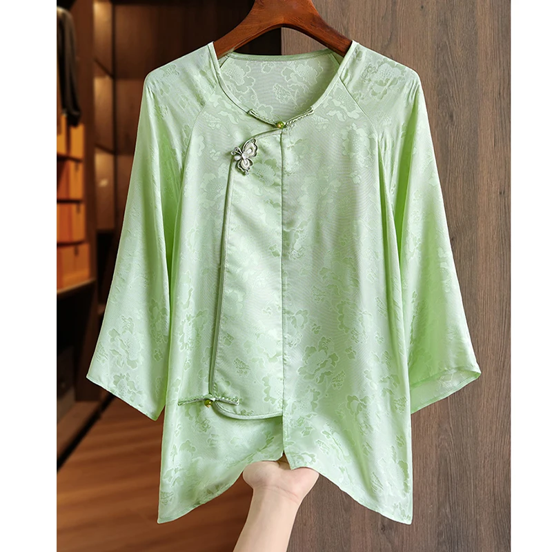 

The high-End Spring And Summer Silk Jacquard New Chinese Style Shirt for Women Loose Casual Handmade Button Top S-XL