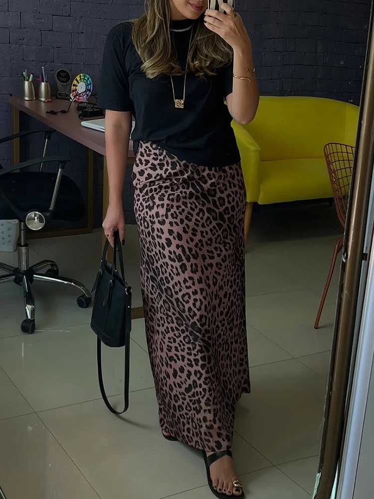 女性シックなヒョウ柄マキシスカートプリーツハイウエストスリムフィッシュテールスカートセクシーな 2026 女性ファッション休暇ストリートミディスカート