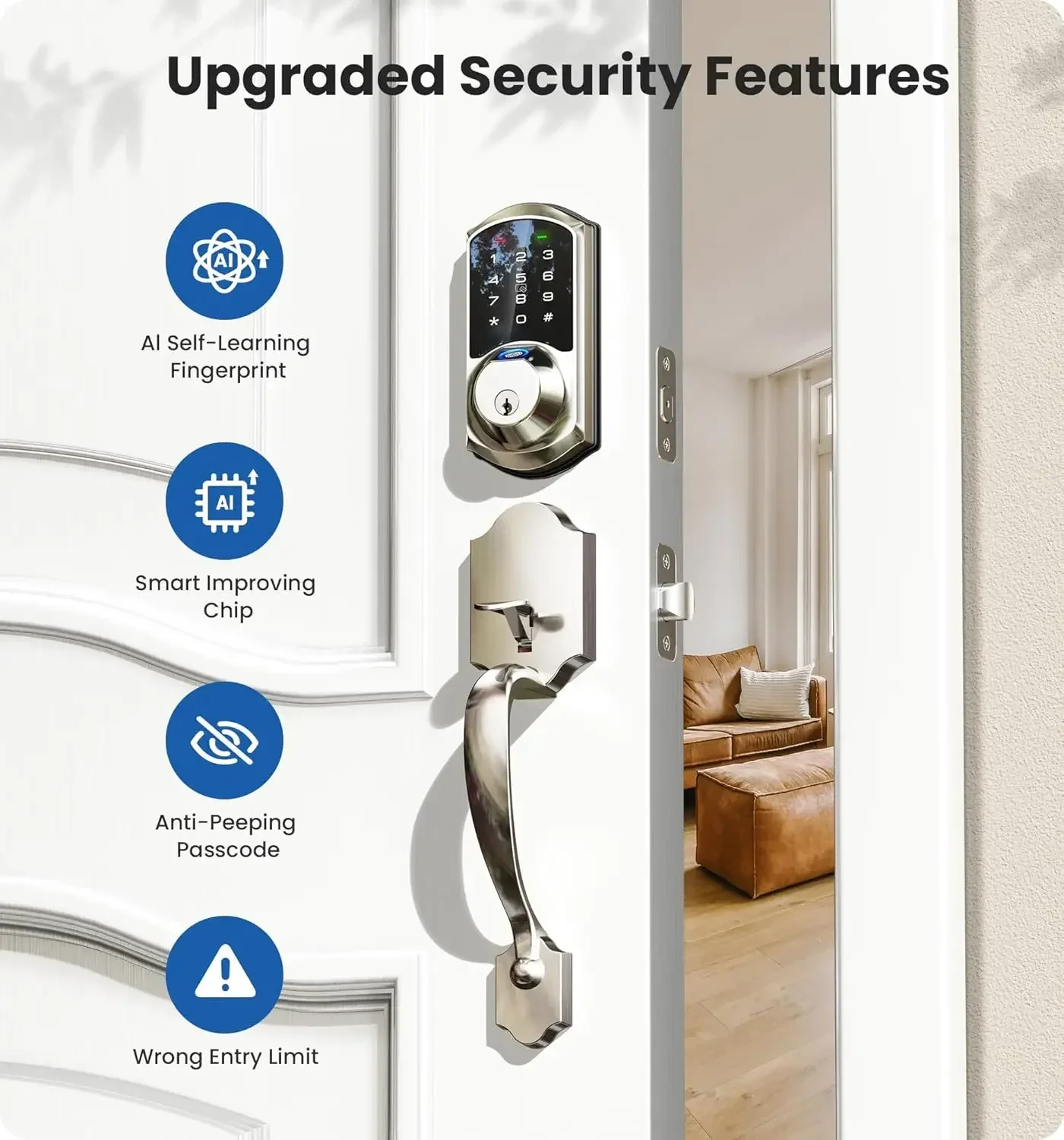 home.Fingerprint Smart Locks for Front Door with Handle Set,Keyless Entry Keypad Deadbolt,Easy Install, Auto Lock, Satin Nickel