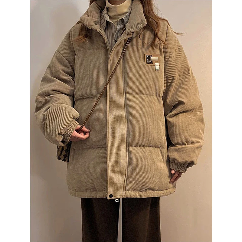 Corduroy Parkas Women Oversized Down Coats Winter Streetwear Thick Warm Puffer Jacket Korean Pockets Cotton Padded Outerwear New