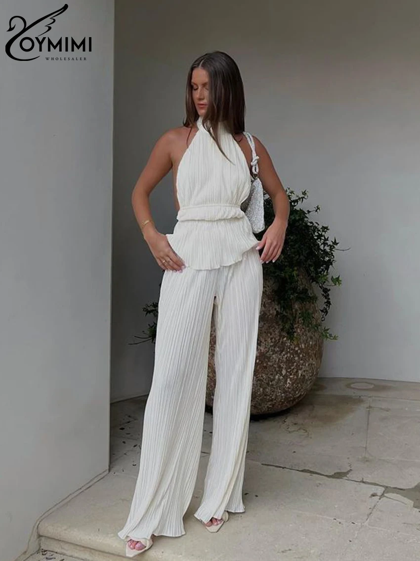 Oymimi Sexy White Pleated 2 Piece Sets Women Outfit 2023 Fashion Sleeveless Backless Tank Top With High Waist Wide Pants Set