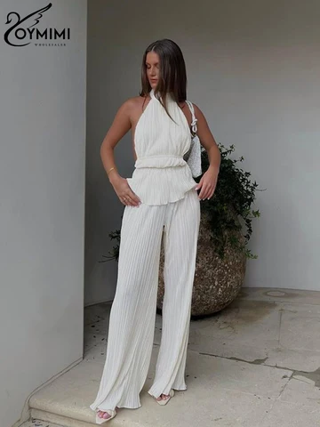 Oymimi Sexy bianco pieghettato 2 pezzi Set donna Outfit 2023 moda senza maniche canotta senza schienale con pantaloni larghi a vita alta Set